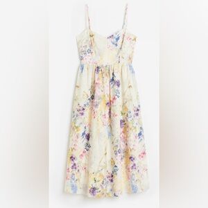 H&M Linen Blend Midi Watercolor Floral Sun Dress Size L Boho Cottagecore Beach